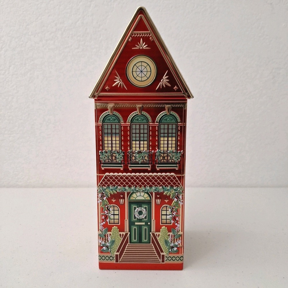 The Silver Crane Co. Red  Christmas Festive House Speculoos Cookie Tin Empty